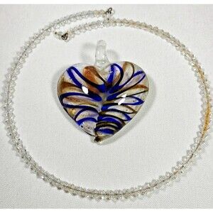 Art Glass Heart Pendant Blue Multicolor Artesian Made Hand Blown Fused Glass EUC
